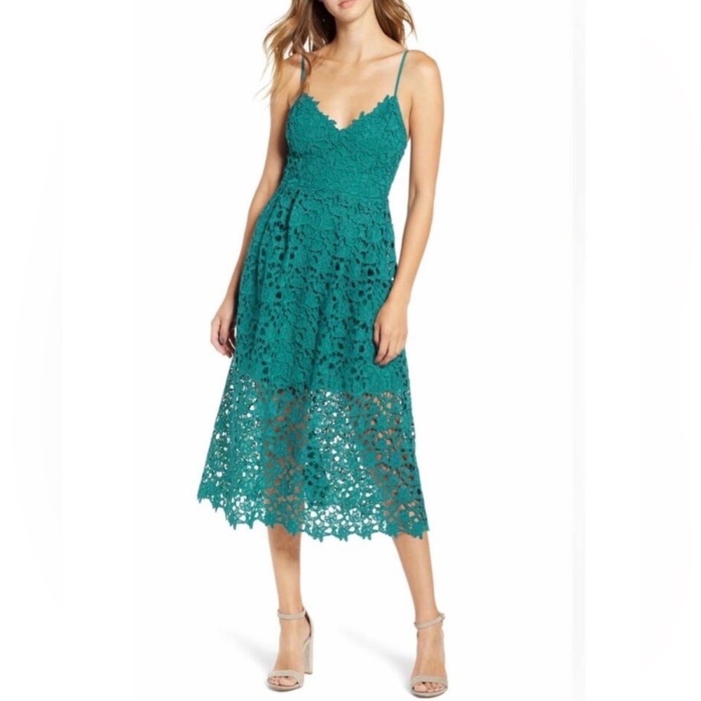 ASTR the Label Lace Dress, A Line, Midi, Emerald Green, Partially Lined, Sz M